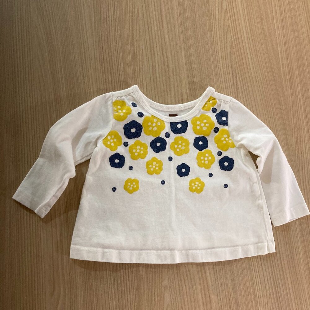 Tea Collection Long Sleeve Top 3-6 Months White with Yellow Blue Floral Graphic